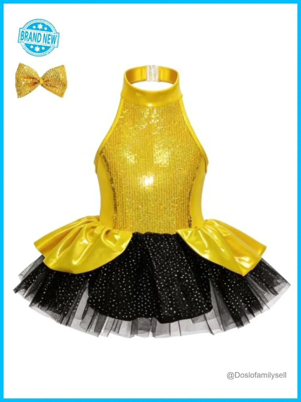 Girls Sequin Dance Tutu Dress Halter Neck Performance Outfit with Hair Clip